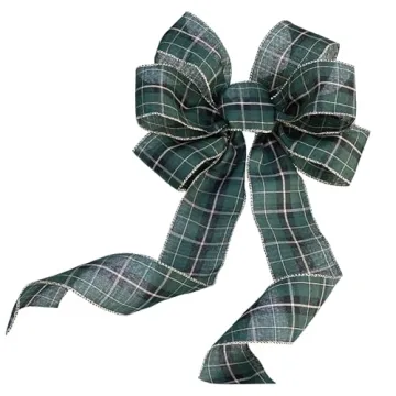 Green Black Plaid Wreath Bow - 10" Wide, 18" Long Pre-Tied Bow, Tartan, Gold Edge, Door Decoration, ...
