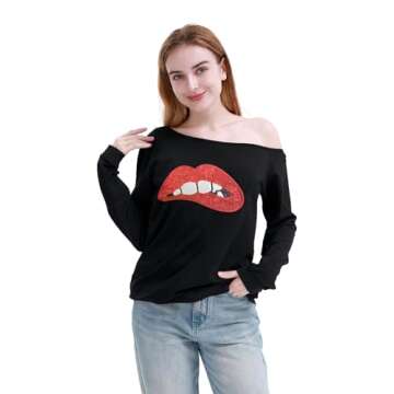 MAGICMK Woman’s Sweatershirt Lips Print Causal Blouse Off The Shoulder Long Sleeve Loose Slouchy Pullover Plus Size Tops…(S)