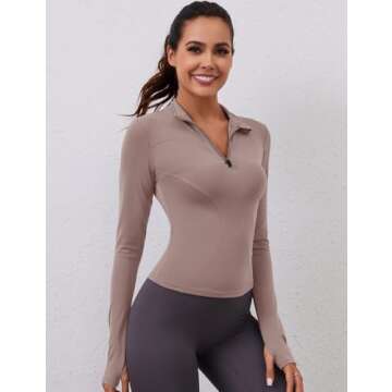 Womens Long Sleeve Workout Crop Tops Quick Dry Golf Shirt Quarter Zip Pullover Yoga Athletic Slim Fit Shirts(Brown Gray,Medium)