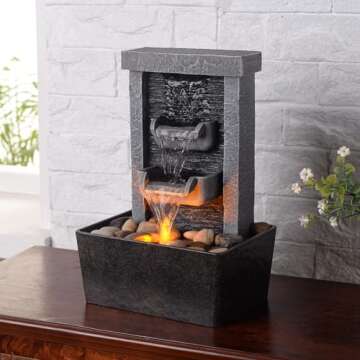 GOSSI Home Décor 10.3 in Indoor Waterfall Fountain Relaxation High Pressure Water Pumps Tabletop Fountain Nature Feeling Water Fountains with Reflective Lighting/River Rocks Home/Office Decoration