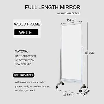 AISUNDY Full Length Mirror Floor Mirror with Wheels, 64"x22", Large Standing Mirror Tilting Mirror Swivel Mirror with Wood Frame & Stands, Cheval Bedroom Dressing Mirror Full Body Mirror, White