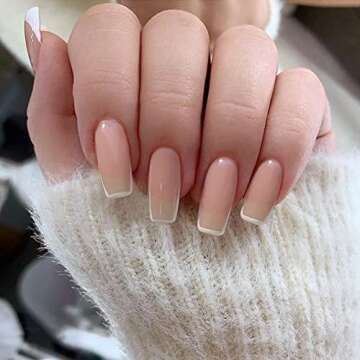 KXAMELIE Pink French Tips Press on Nails Short Nude Square Stick on Nails for Women Purple Acrylic N...