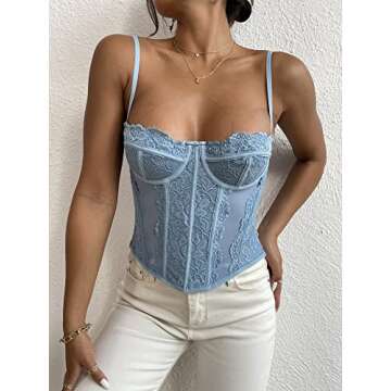 Women's Corset Top Lace Boned Bustier Top Mesh Y2K Cami Top Adjustable Strap (as1, alpha, m, regular, regular, Light Blue, M)