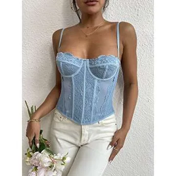 Women's Corset Top Lace Boned Bustier Top Mesh Y2K Cami Top Adjustable Strap (as1, alpha, m, regular, regular, Light Blue, M)