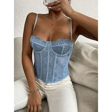 Women's Corset Top Lace Boned Bustier Top Mesh Y2K Cami Top Adjustable Strap (as1, alpha, m, regular, regular, Light Blue, M)