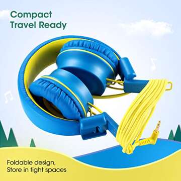 Kids Headphones-Noot Products K33 Foldable Stereo Tangle-Free 5ft Long cord 3.5mm Jack Plug in Wired On-Ear Headset for Children/Teens/Boys/Girls/ipad/School/Kindle/Travel/Plane/Tablet (Electric Blue)
