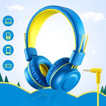 Kids Headphones-Noot Products K33 Foldable Stereo Tangle-Free 5ft Long cord 3.5mm Jack Plug in Wired On-Ear Headset for Children/Teens/Boys/Girls/ipad/School/Kindle/Travel/Plane/Tablet (Electric Blue)