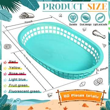 60 Pieces Fast Food Basket Oval Colorful Plastic Storage Basket Bins Reusable Chip Basket Fry Hot Do...