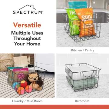 Spectrum Utility Wire Baskets for Organizing - Sturdy Steel Metal Basket Storage Organizer Bin with Handle - Open Wire Storage Baskets for Kitchen Pantry, Cabinets, Closet & Garage Shelves