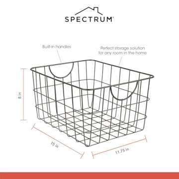 Spectrum Utility Wire Baskets for Organizing - Sturdy Steel Metal Basket Storage Organizer Bin with Handle - Open Wire Storage Baskets for Kitchen Pantry, Cabinets, Closet & Garage Shelves