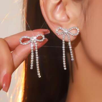 Suofrun Bow Earrings for Women Rhinestone Long Tassel Earrings Ribbon Bow Drop Earring Silver Stainl...