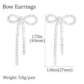 Suofrun Bow Earrings for Women Rhinestone Long Tassel Earrings Ribbon Bow Drop Earring Silver Stainless Steel Dangle Earrings Cute Sparkly Jewelry (Style 1)
