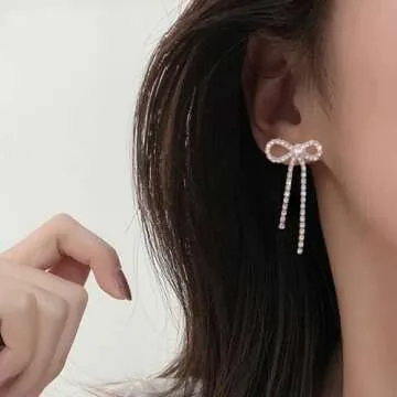 Suofrun Bow Earrings for Women Rhinestone Long Tassel Earrings Ribbon Bow Drop Earring Silver Stainless Steel Dangle Earrings Cute Sparkly Jewelry (Style 1)