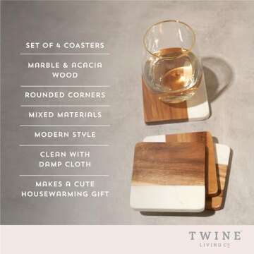 Twine Marble and Acacia Coasters, Modern Square Coasters, Acacia Wood, Marble, Protect Tables and Su...