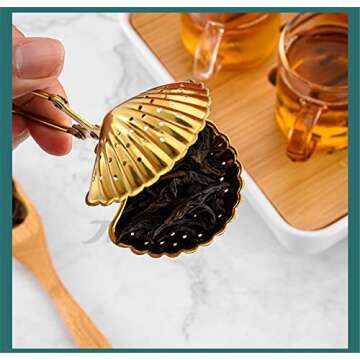 5Pcs Tea Snap Balls Seashell Heart Star Pineapple Teapot Shape Tea Filters Stainless Steel Tea Strainer Loose Leaf Tea Infuser with Long Handle(Gold)