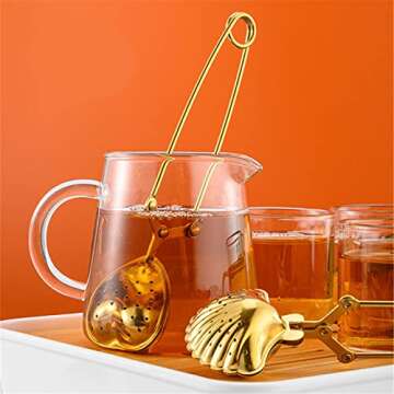 5Pcs Tea Snap Balls Seashell Heart Star Pineapple Teapot Shape Tea Filters Stainless Steel Tea Strainer Loose Leaf Tea Infuser with Long Handle(Gold)