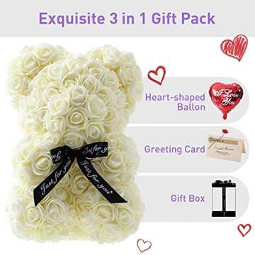 ZISHI Gifts for Women - Rose Flower Bear - Rose Bear,Pure Handmade Rose Teddy Bear,Gift for Mothers Day,Valentines Day, Anniversary and Bridal Showers,w/Clear Gift Box and Greeting Card (Milky White)