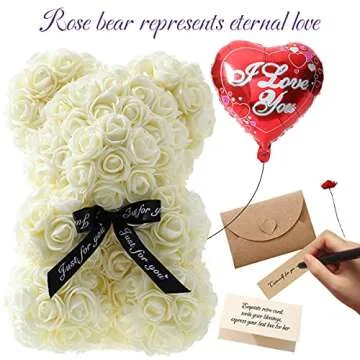 ZISHI Gifts for Women - Rose Flower Bear - Rose Bear,Pure Handmade Rose Teddy Bear,Gift for Mothers Day,Valentines Day, Anniversary and Bridal Showers,w/Clear Gift Box and Greeting Card (Milky White)
