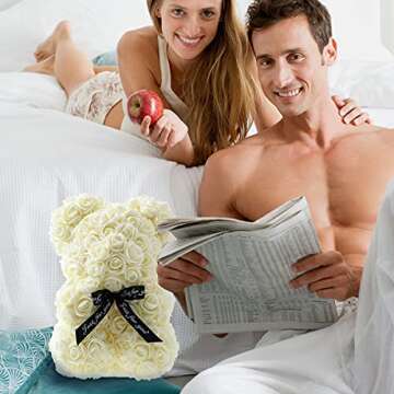 ZISHI Gifts for Women - Rose Flower Bear - Rose Bear,Pure Handmade Rose Teddy Bear,Gift for Mothers Day,Valentines Day, Anniversary and Bridal Showers,w/Clear Gift Box and Greeting Card (Milky White)