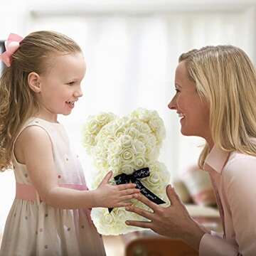 ZISHI Gifts for Women - Rose Flower Bear - Rose Bear,Pure Handmade Rose Teddy Bear,Gift for Mothers Day,Valentines Day, Anniversary and Bridal Showers,w/Clear Gift Box and Greeting Card (Milky White)