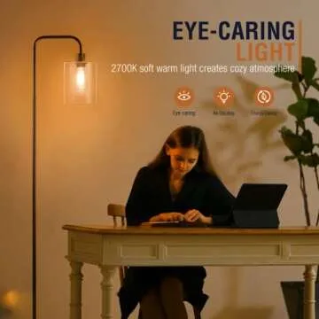 Isloys Industrial Floor Lamp with 2 LED Bulbs, LED Floor Lamp with Glass Shade, Modern Standing Lamp for Living Room Bedroom Office Farmhouse-Matte Black