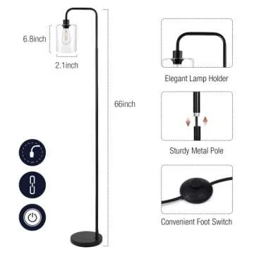 Isloys Industrial Floor Lamp with 2 LED Bulbs, LED Floor Lamp with Glass Shade, Modern Standing Lamp for Living Room Bedroom Office Farmhouse-Matte Black