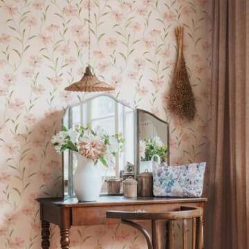 JiffDiff Floral Wallpaper Peel and Stick Daisy Wallpaper Pink Summer Flowers Wallpaper Contact Paper Stick on Wall Decor (393" X 17.7", Pink Floral)