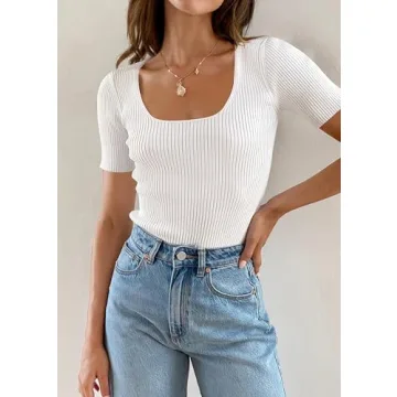 Stylish ZESICA Women's Square Neck Ribbed T-Shirts