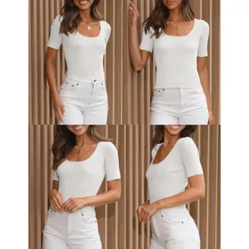 Stylish ZESICA Women's Square Neck Ribbed T-Shirts