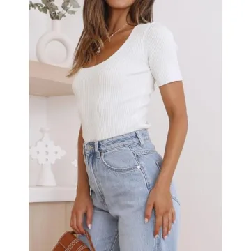 Stylish ZESICA Women's Square Neck Ribbed T-Shirts