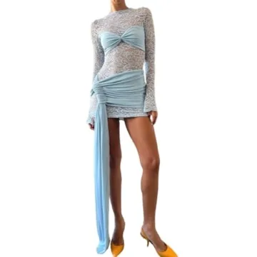 Elegant QNI Lace Bodycon Dress - Sexy See Through Long Sleeve Wrap for Parties