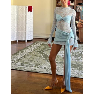 QNI Lace Bodycon Dress Long Sleeve Wrap Cocktail Party