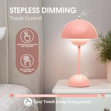 Flowerpot Cordless Lamp, Dimmable Rechargeable Touch Lamp, Battery Operated Lamp, Cute Mushroom Small Lamp for Nightstand, Modern Table Lamp for Indoor Outdoor(Pink