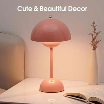 Flowerpot Cordless Lamp, Dimmable Rechargeable Touch Lamp, Battery Operated Lamp, Cute Mushroom Small Lamp for Nightstand, Modern Table Lamp for Indoor Outdoor(Pink