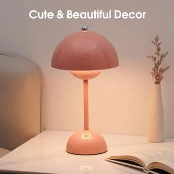 Flowerpot Cordless Lamp, Dimmable Rechargeable Touch Lamp, Battery Operated Lamp, Cute Mushroom Small Lamp for Nightstand, Modern Table Lamp for Indoor Outdoor(Pink