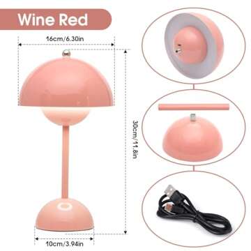 Flowerpot Cordless Lamp, Dimmable Rechargeable Touch Lamp, Battery Operated Lamp, Cute Mushroom Small Lamp for Nightstand, Modern Table Lamp for Indoor Outdoor(Pink