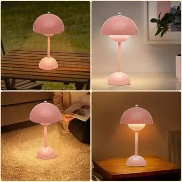 Flowerpot Cordless Lamp, Dimmable Rechargeable Touch Lamp, Battery Operated Lamp, Cute Mushroom Small Lamp for Nightstand, Modern Table Lamp for Indoor Outdoor(Pink