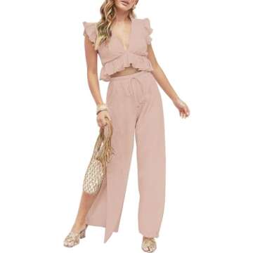 FANCYINN 2 Pieces Summer Outfits for Women Deep V Neck Crop Top Side Slit Drawstring Wide Leg Pants ...