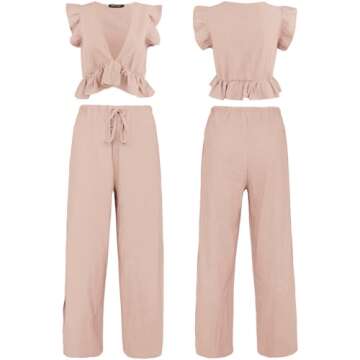 FANCYINN 2 Pieces Summer Outfits for Women Deep V Neck Crop Top Side Slit Drawstring Wide Leg Pants Sets Jumpsuits Pink S