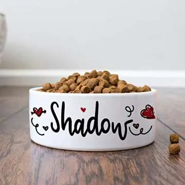 Personalized Dog Bowl w/Name, Ceramic Bowl for Dogs and Cats, 2 Sized for Small and Large Dogs - Pet Dish for Dry or Wet Food and Water, Pet Owner Gifts, Custom Pet Food Bowl | Hearts, 7 inches