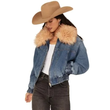 Blank NYC Women's Denim Bomber Jacket with Faux Fur Collar, Blue, X-Small
