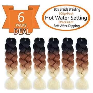 SHUOHAN 6 Packs Ombre Jumbo Braiding Hair Extensions 24 Inch High Temperature Synthetic Fiber Hair E...