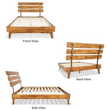 Bme Caden 15 Inch Deluxe Bed Frame with Adjustable Headboard - Mid Century, Retro Style with Acacia Wood - No Box Spring Needed - 12 Strong Wood Slat Support - Easy Assembly - Caramel, Full
