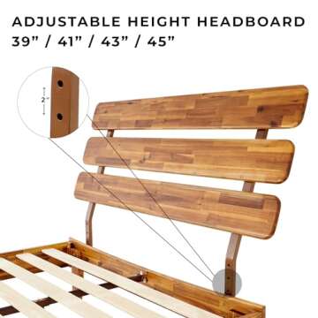 Bme Caden 15 Inch Deluxe Bed Frame with Adjustable Headboard - Mid Century, Retro Style with Acacia Wood - No Box Spring Needed - 12 Strong Wood Slat Support - Easy Assembly - Caramel, Full