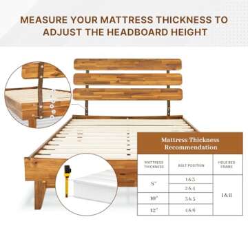 Bme Caden 15 Inch Deluxe Bed Frame with Adjustable Headboard - Mid Century, Retro Style with Acacia Wood - No Box Spring Needed - 12 Strong Wood Slat Support - Easy Assembly - Caramel, Full