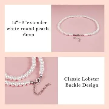 Trinckle Pearl Necklace for Women, 6 mm Adjustable Faux Pearl Choker