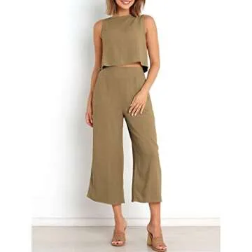ANRABESS Women's Summer 2 Piece Outfits Sleeveless Crop Top Capri Wide Leg Pants Jumpsuit Casual Linen Lounge Matching Sets Beach Travel 2025 Trendy Clothes Khaki XX-Large