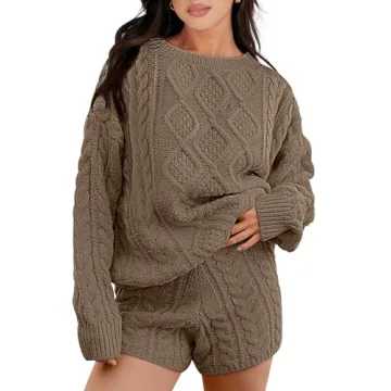 Stylish ANRABESS 2 Piece Cozy Lounge Set: Sweater and Shorts in Warm Brown
