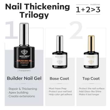 modelones Builder Nail Gel with Gel Top and Base Coat, 3Pcs Gel Nail Kit for Nail Thickening Apex Building Nail Extension Rhinestone Gel Nail Glue, LED Nail Lamp Cured