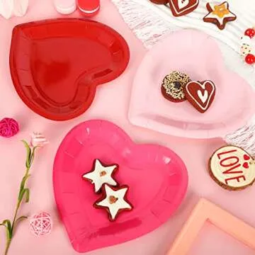 JarThenaAMCS 60Pcs Valentine's Day Paper Plates Heart Shaped Disposable Plates Red Pink Decorative Tableware for Holiday Anniversary Birthday Wedding Party Supplies